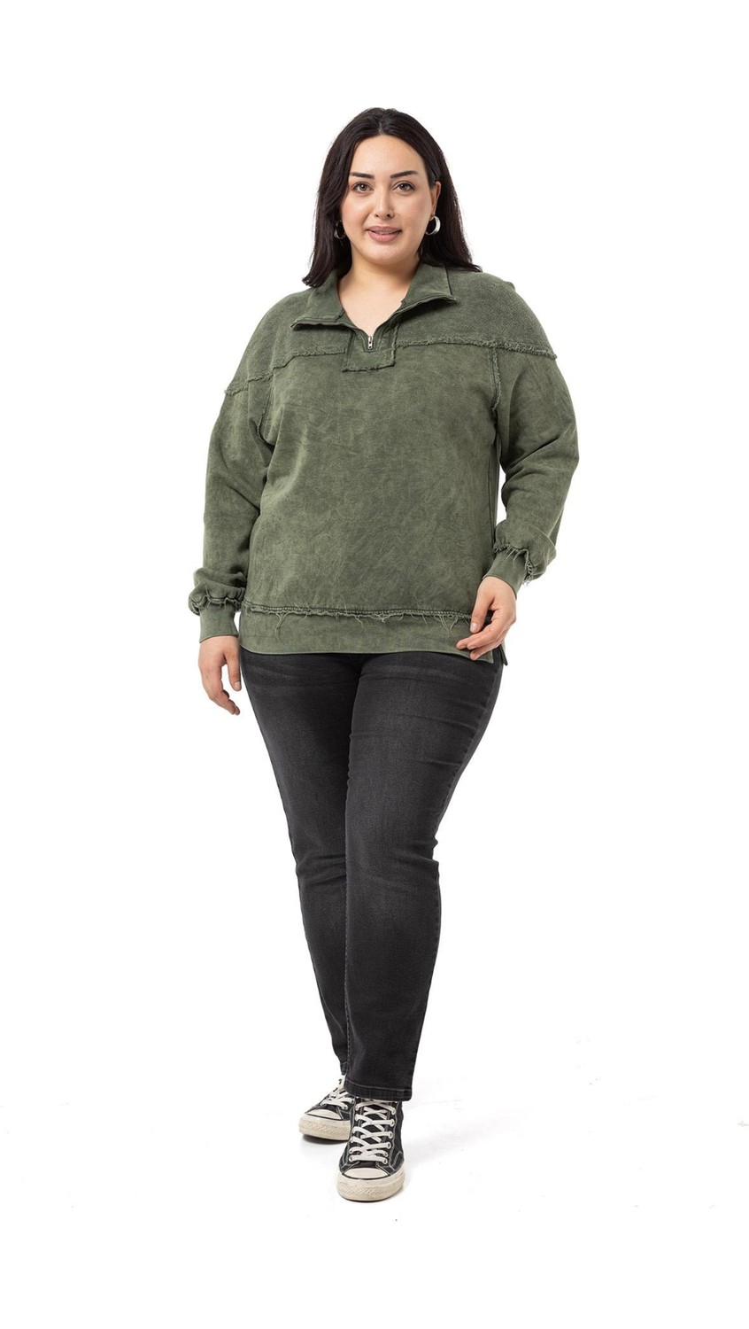 Disentis Modest Büyük Beden Pis Dikişli Fermuarlı Yırtmaçlı Parça Boyalı Gri Sweatshirt görsel 7