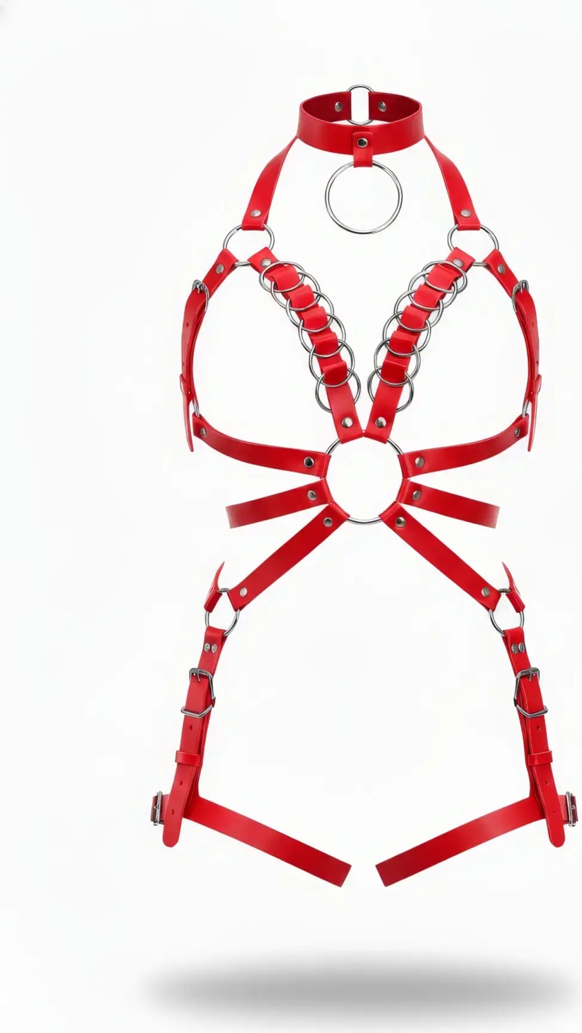Motto10 Butik HDY MOTTO10 Butik Kırmızı Harness Takım Deri Metal Halka Detaylı Boyunluklu - APFT781 görsel 4