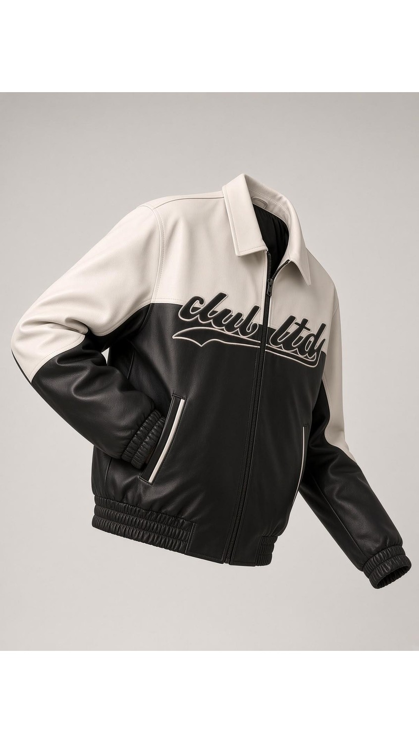 Oksit Club Ltd Nakış Detaylı Vintage Colorblock Gömlek Yaka Deri Bomber Ceket görsel 3