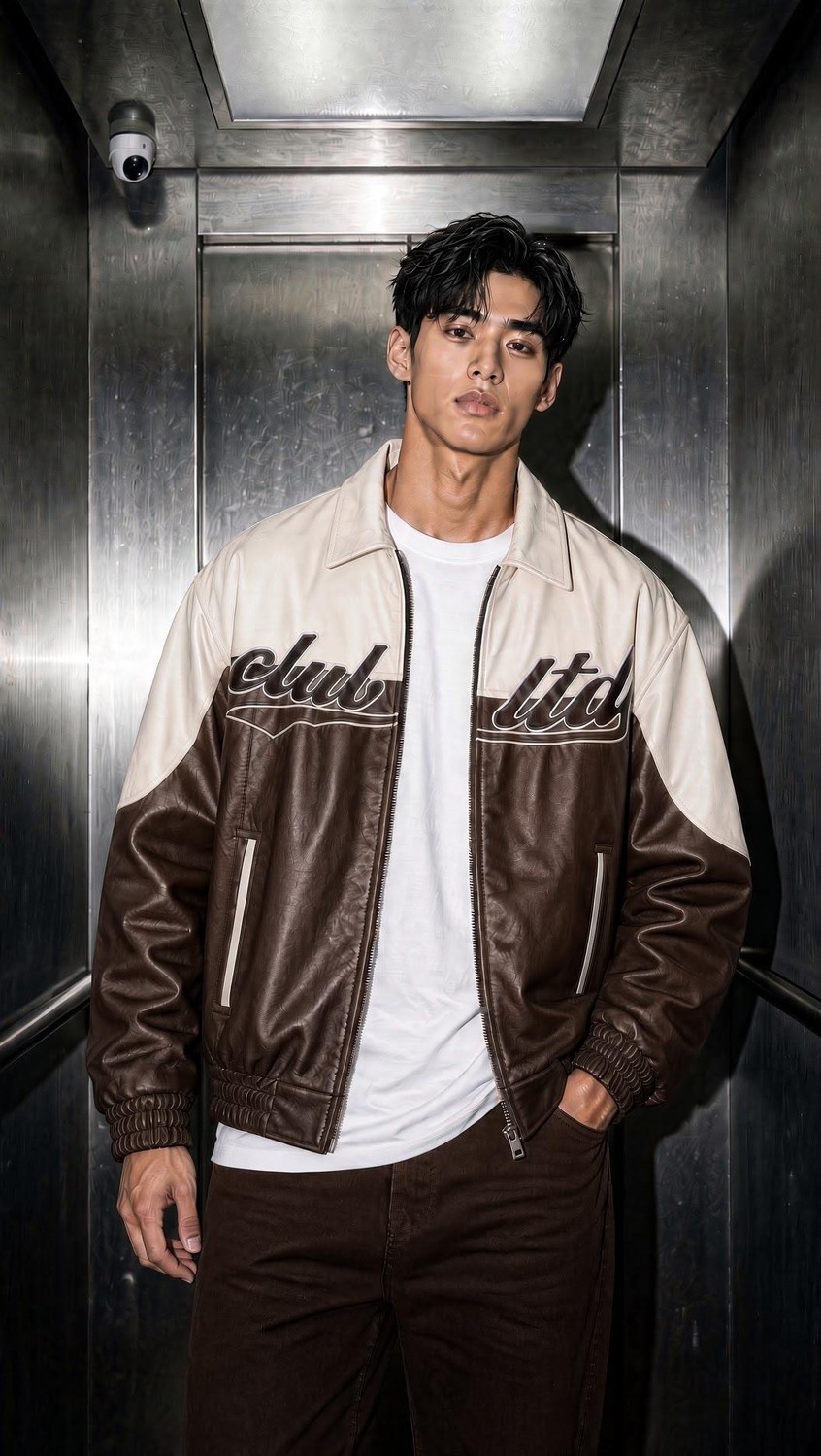 Oksit Club Ltd Nakış Detaylı Vintage Colorblock Gömlek Yaka Deri Bomber Ceket görsel 8