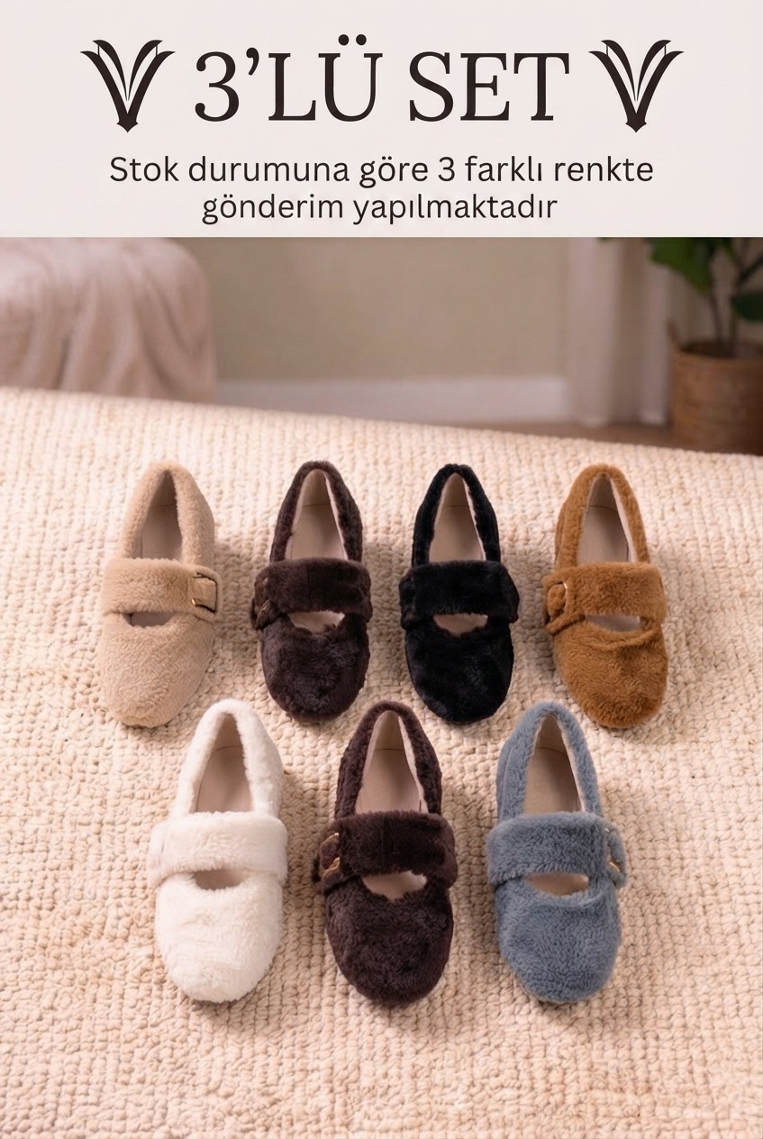ModaFrato 3'lü Paket Br-11 Lastikli Kadın Ev Babeti Panduf Kadın Ev Ayakkabısı Ev Botu Yumuşak Rahat Taban Içi Sıcak Tutan Yapı