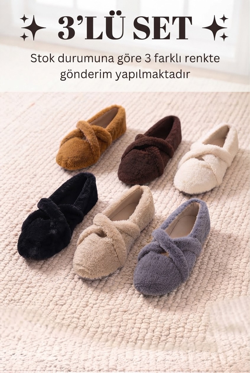 ModaFrato 3'lü Paket Br-22 Çapraz Kadın Ev Babeti Panduf Kadın Ev Ayakkabısı Ev Botu Yumuşak Rahat Taban Içi Sıcak Tutan Yapı