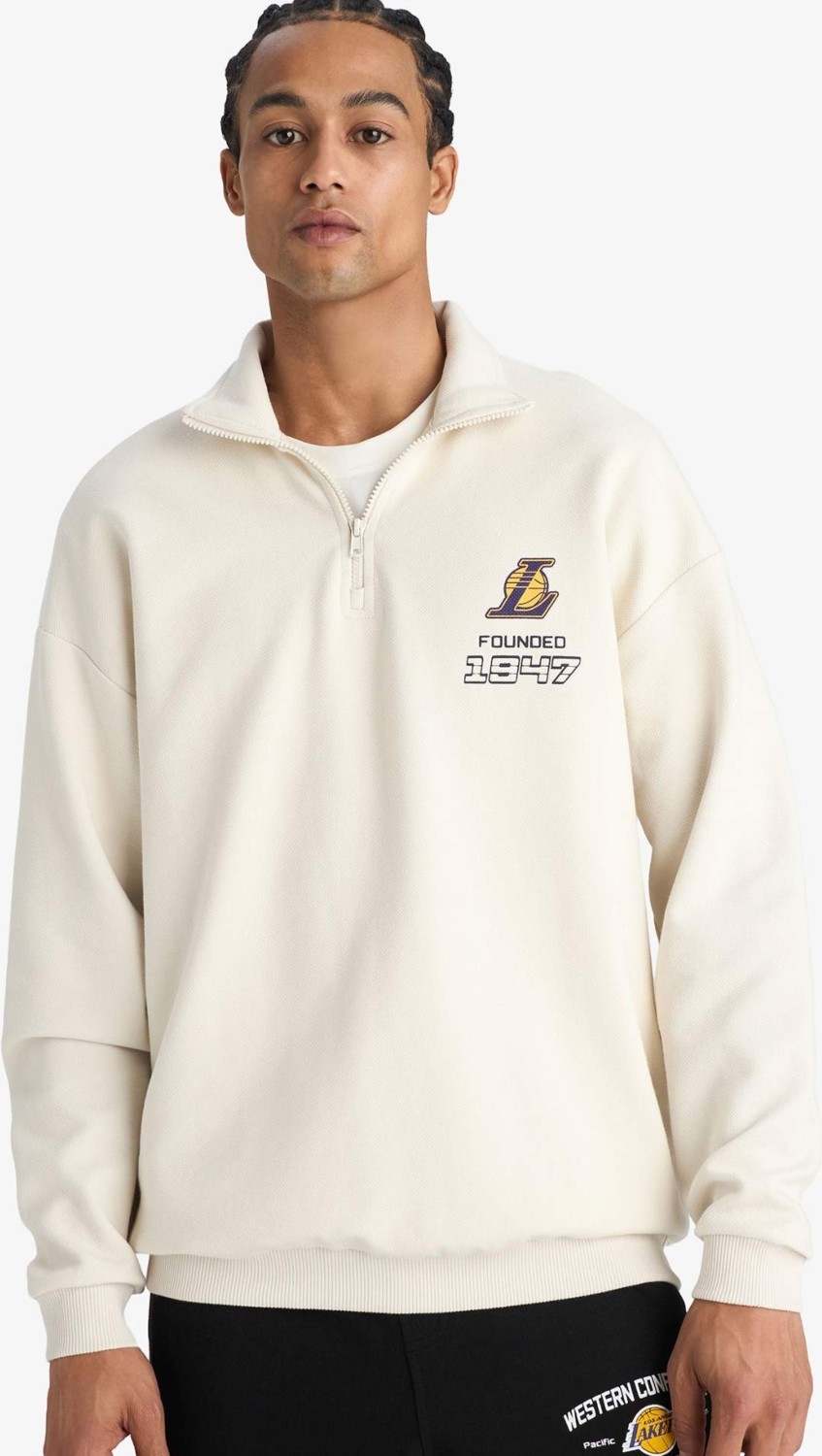 DeFacto NBA Los Angeles Lakers Oversize Geniş Kalıp Dik Yaka Yarım Fermuarlı Jakarlı Sweatshirt E9637AX25AU