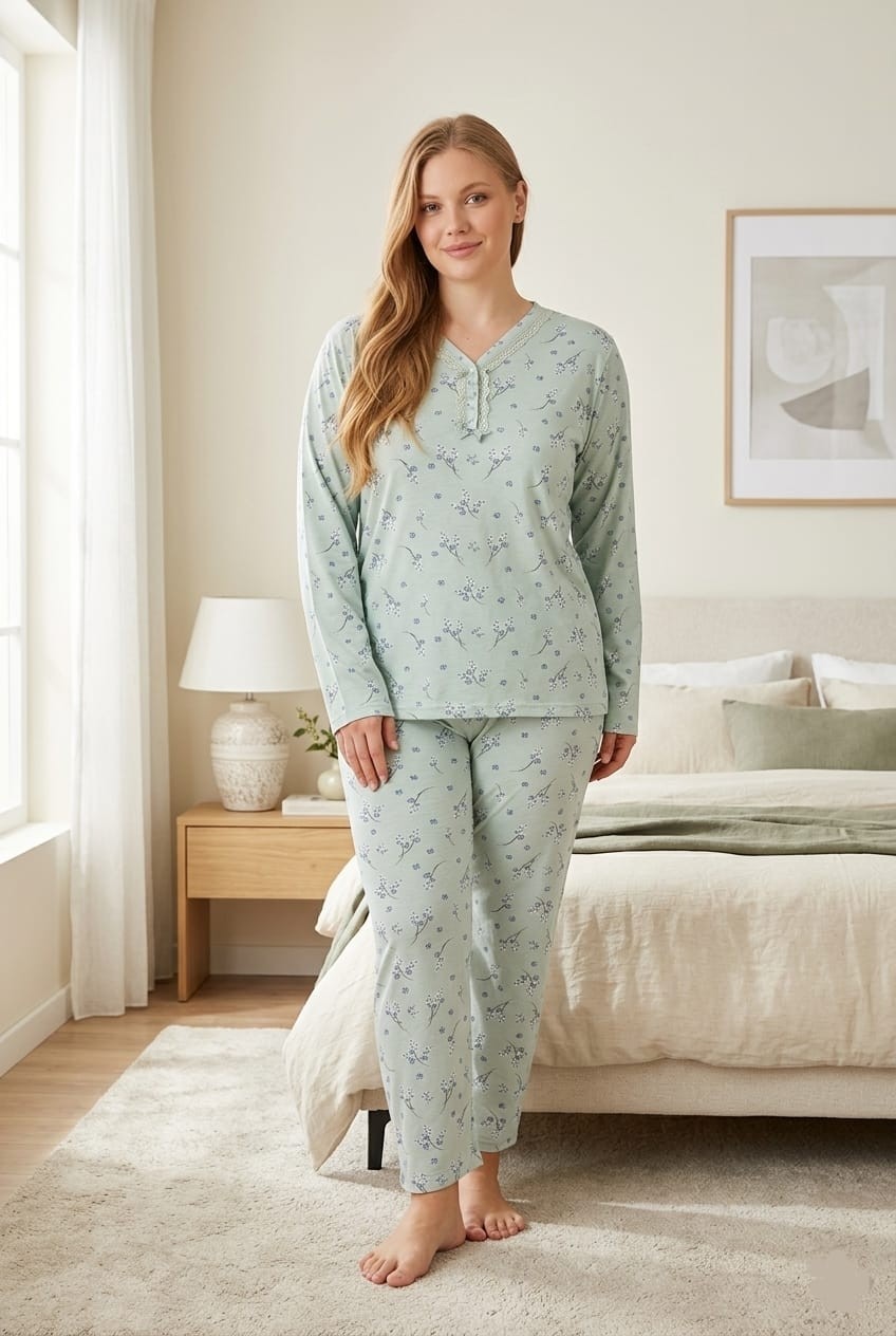 Temporium Kadın Büyük Beden Desenli Yakası Düğmeli Uzun Kollu Bambu Pijama Takımı