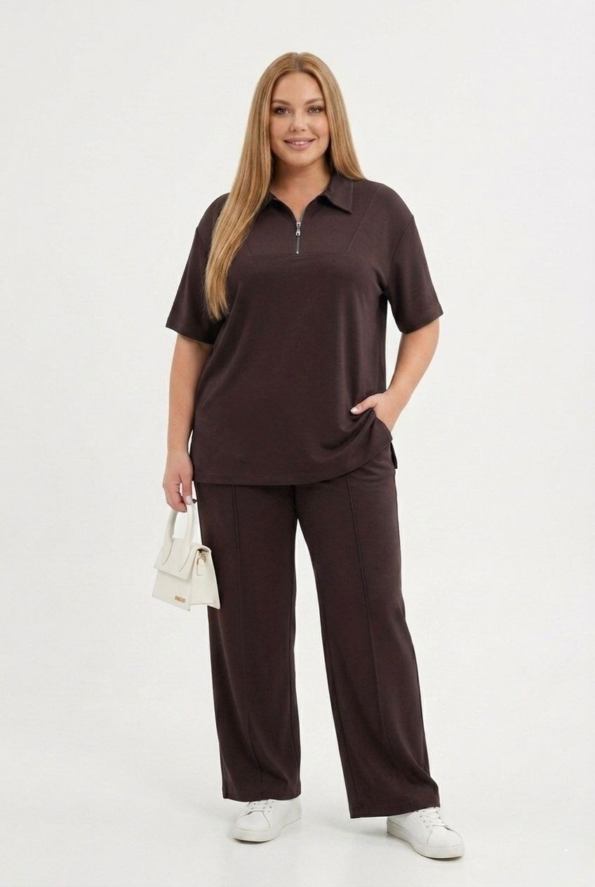 Koza Butik Kadın Büyük Beden Kısa Kollu Yarım Fermuarlı Polo Yaka Eşofman Takımı 8262-26