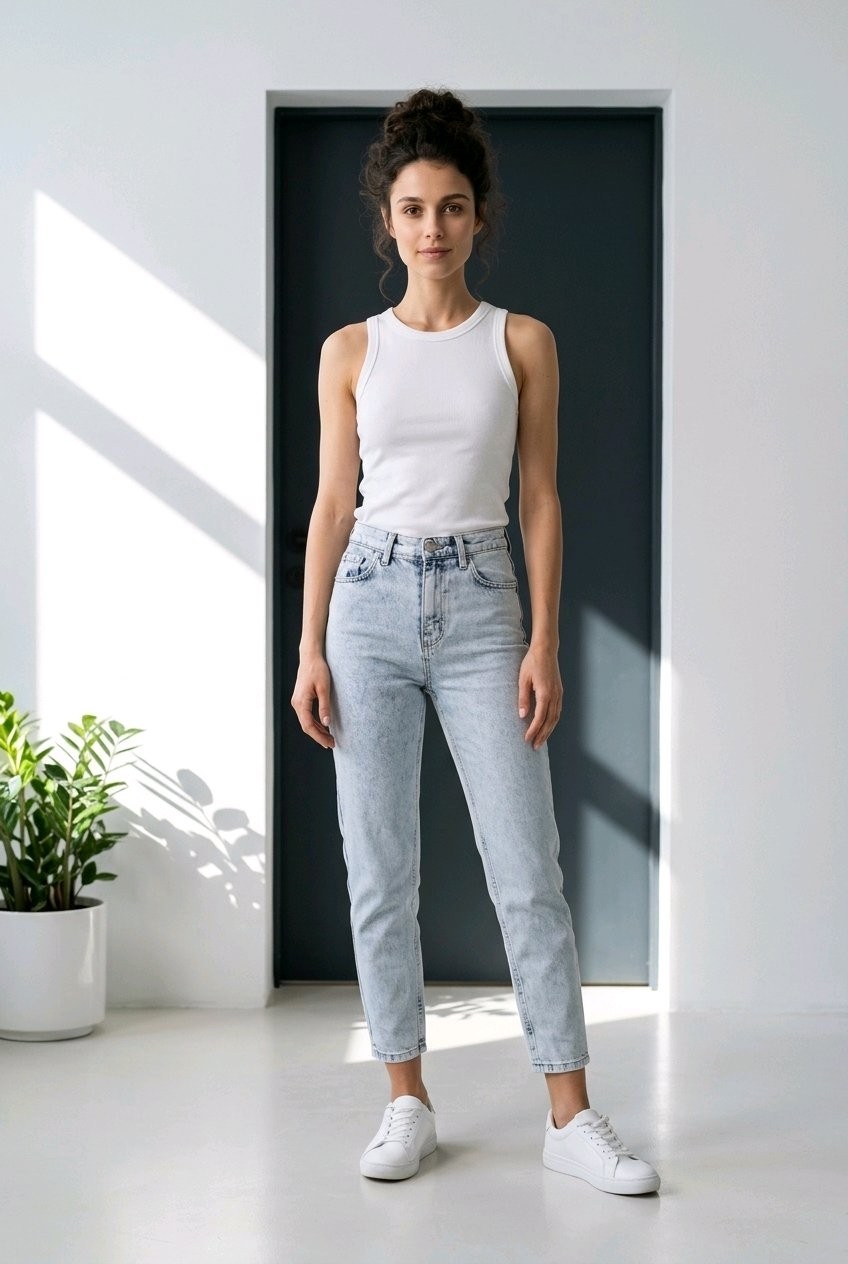 Hies Yüksek Bel Bej Likralı Mom Jean