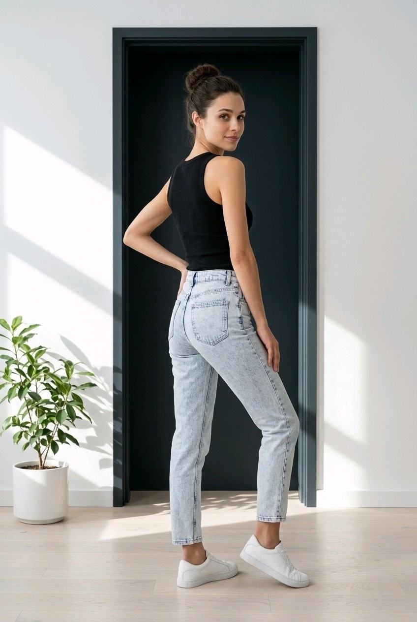 Hies Yüksek Bel Bej Likralı Mom Jean görsel 3