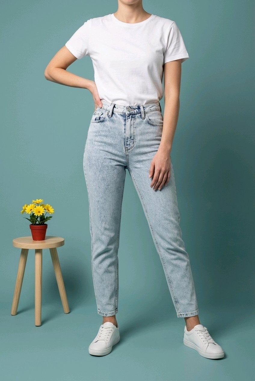 Hies Yüksek Bel Bej Likralı Mom Jean görsel 5