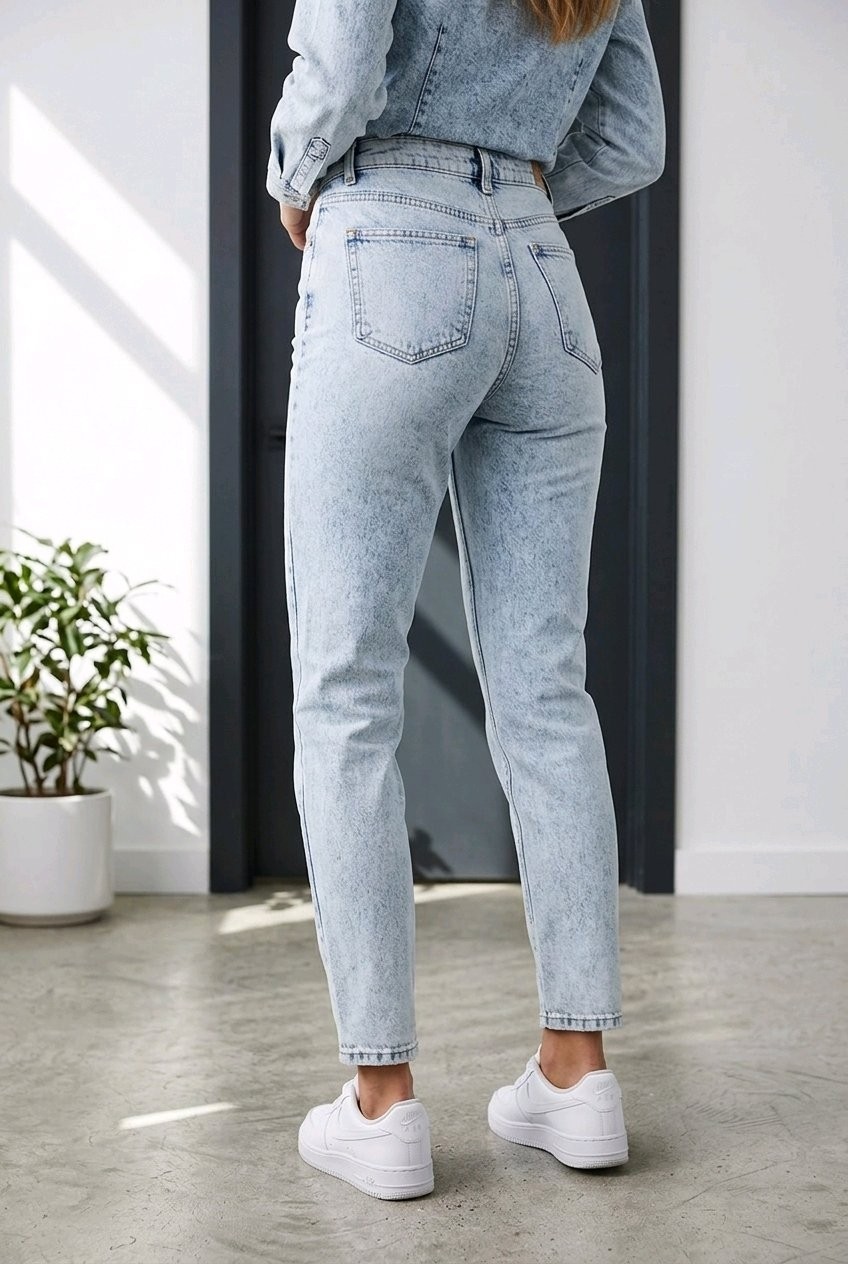 Hies Yüksek Bel Bej Likralı Mom Jean görsel 4