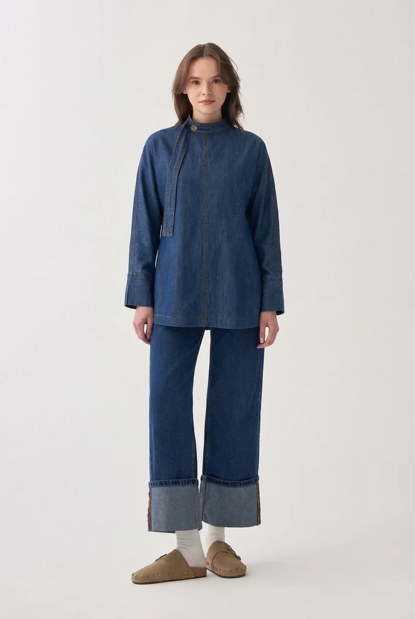 ALLDAY Açık Mavi-Yakası Kuşak Detaylı Denim Bluz