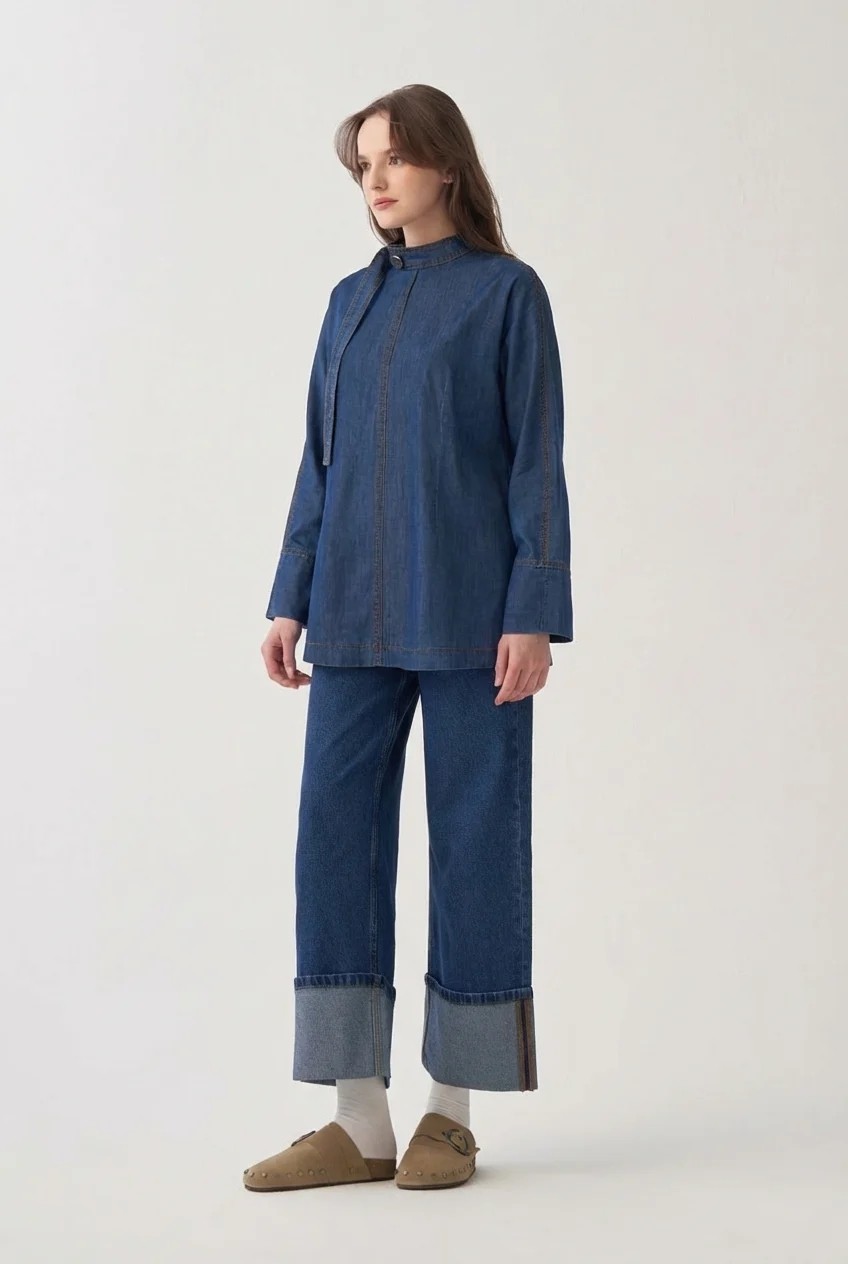 ALLDAY Açık Mavi-Yakası Kuşak Detaylı Denim Bluz görsel 2