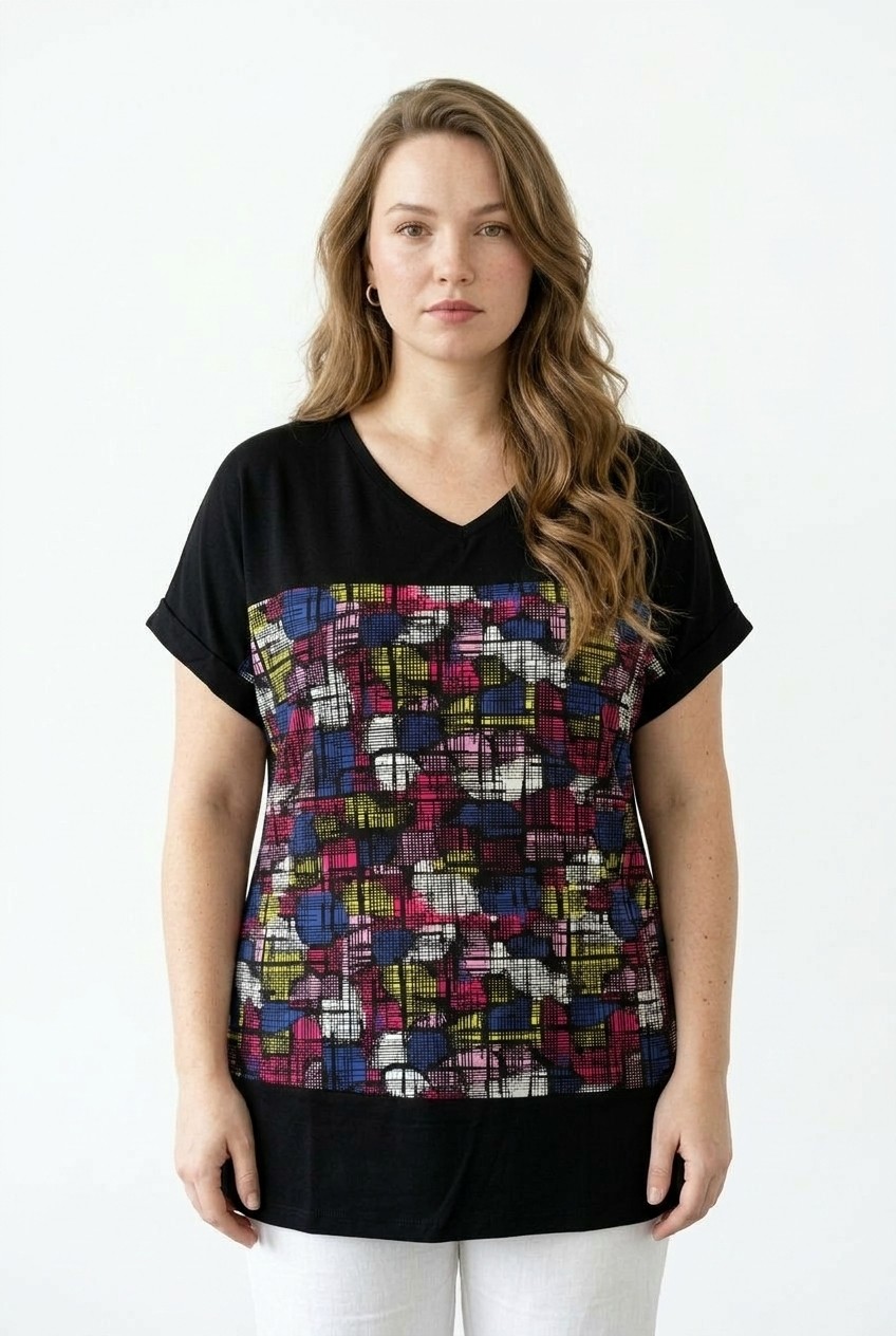 Stil Diva V Yaka Renk Bloklu T-Shirt