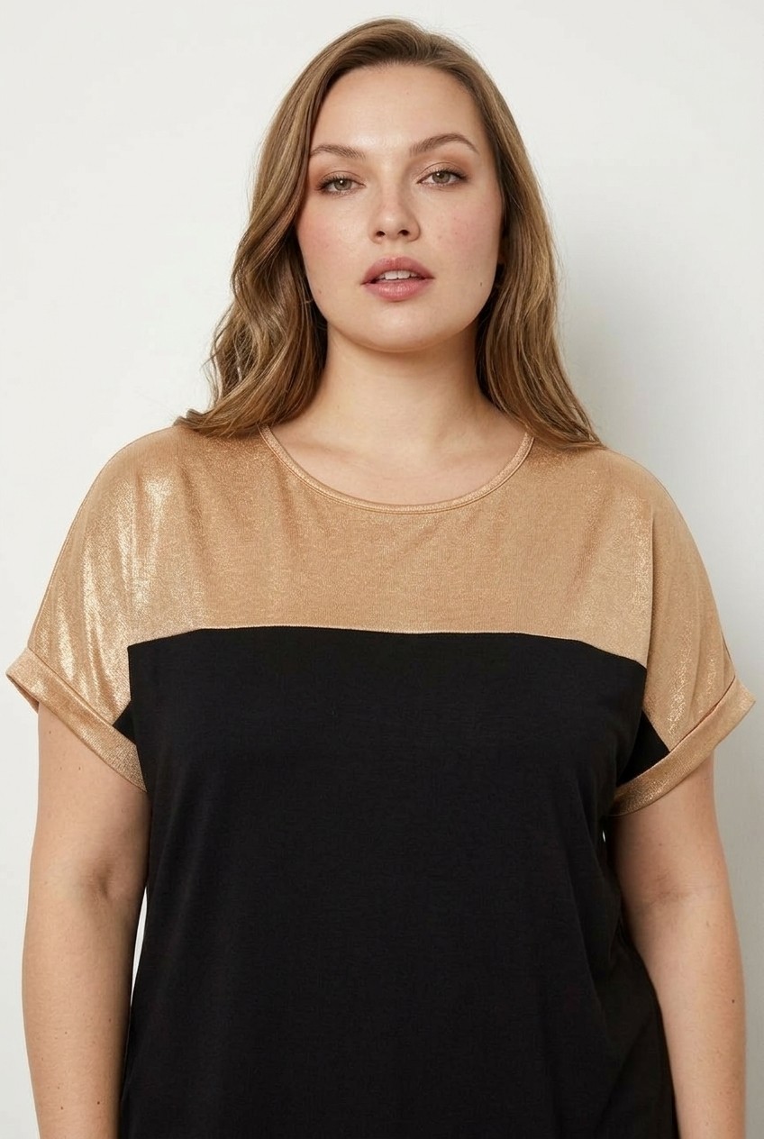 Stil Diva Bisiklet Yaka Kısa Kollu Parlak Esnek Kumaşlı T-Shirt görsel 2