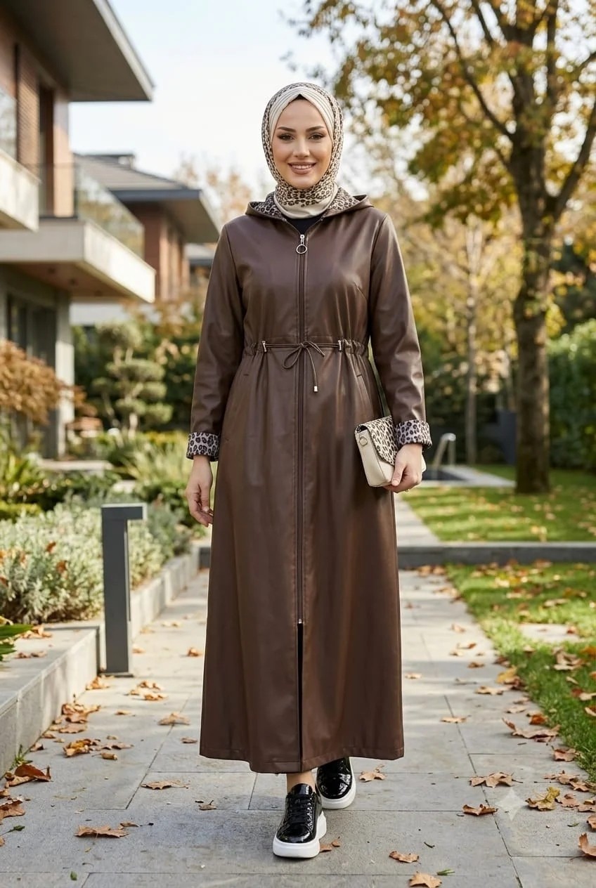 Harma Time Butik Kadın Fermuarlı Kapüşonlu Içi Şardonlu Kahverengi Deri Kap görsel 6