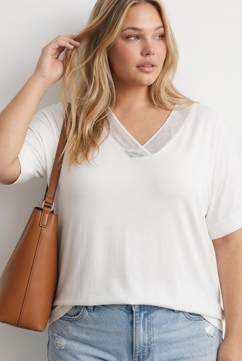 Koza Butik Kadın Büyük Beden Kısa Kollu V Yaka Taş Detaylı Bluz 2051-26