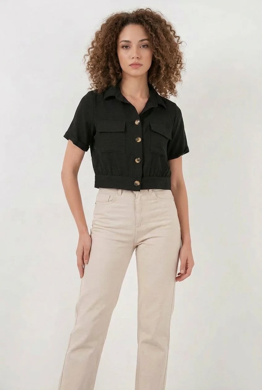 Efnaz Style Kadın Gömlek Yaka Beli Büzgülü Kısa Kol Siyah Ceket görsel 4