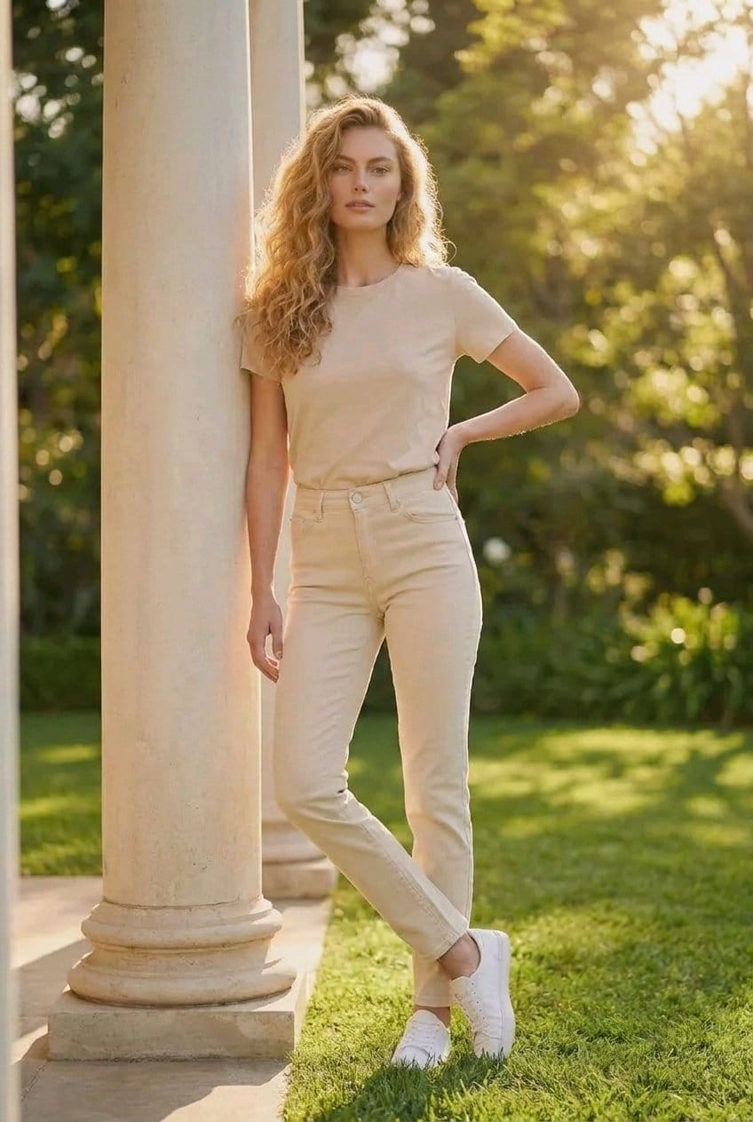 Hies Wide Leg Yüksek Bel Likralı Sağlam Dikişli Palazzo Bayan Kot Jeans - Bej Pantolon