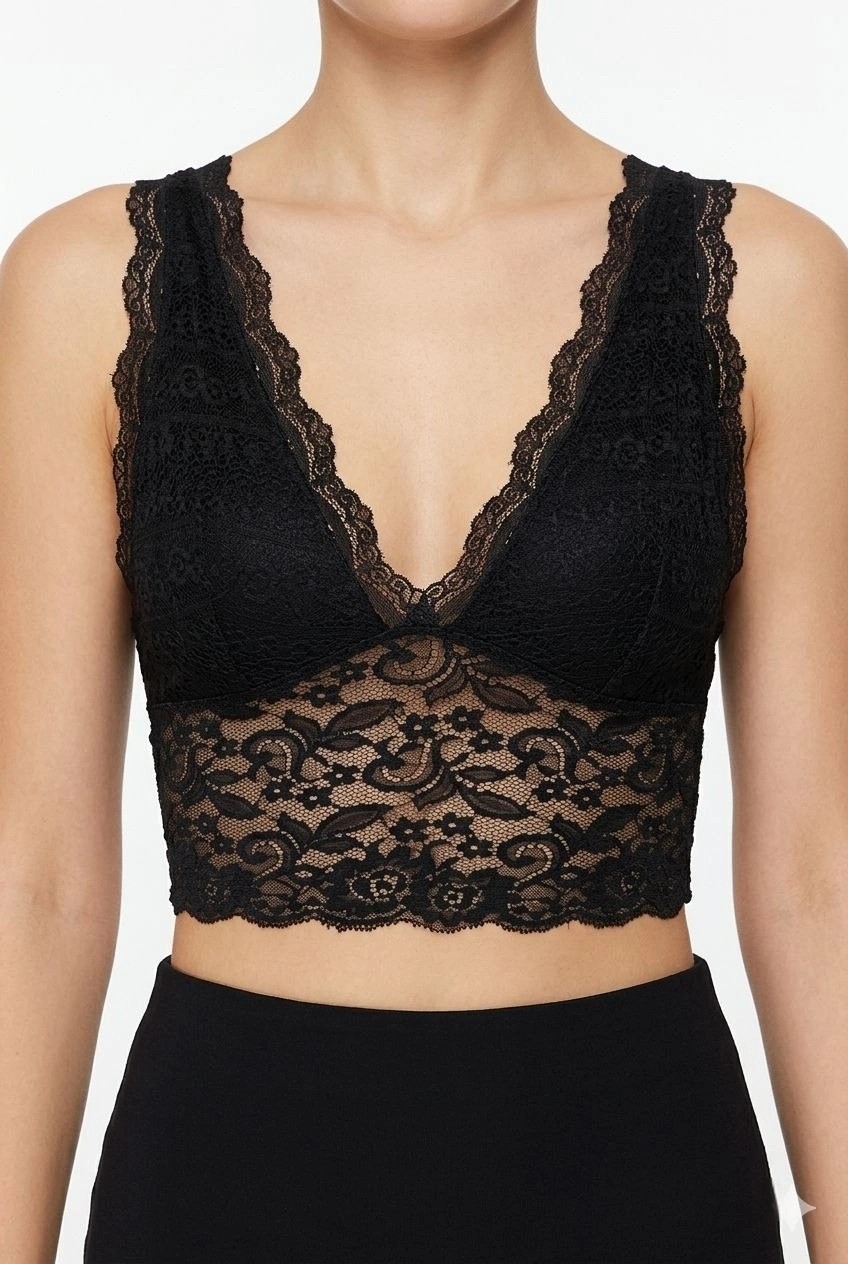 Tarz Yeri Kadın Dantel Bralet Crop Sütyen V Yaka Askılı Şık Esnek Rahat - Siyah görsel 2