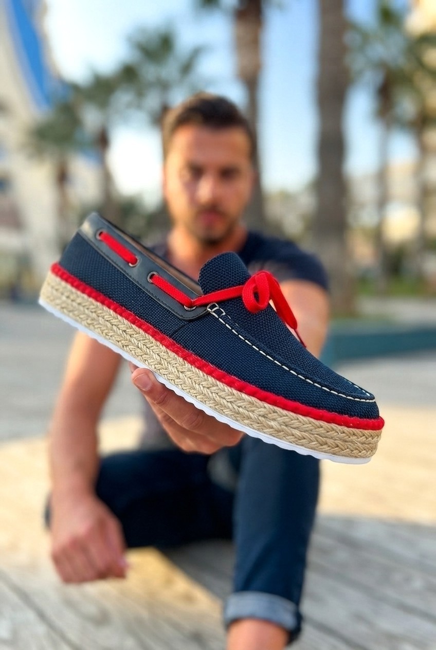 Zerenyus ZRC311 Premium Günlük Bağcıklı Keten Erkek Espadril Siyah Kırmızı