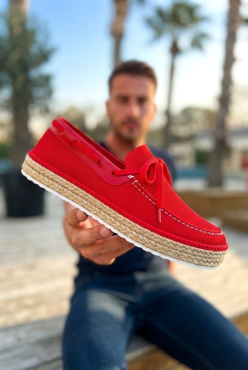 Zerenyus ZRC311 Premium Günlük Bağcıklı Keten Erkek Espadril Beyaz Kırmızı görsel 5