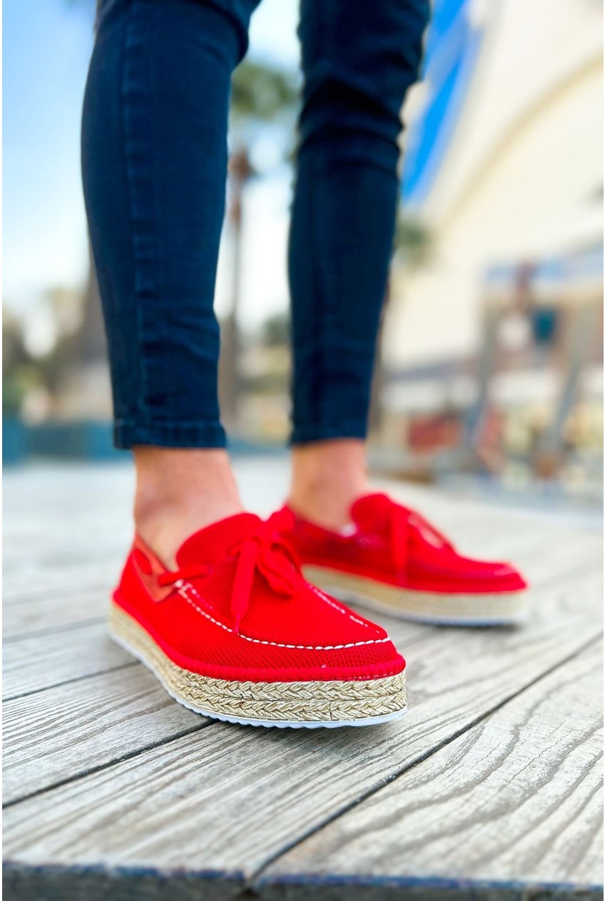 Zerenyus ZRC311 Premium Günlük Bağcıklı Keten Erkek Espadril Beyaz Kırmızı görsel 8