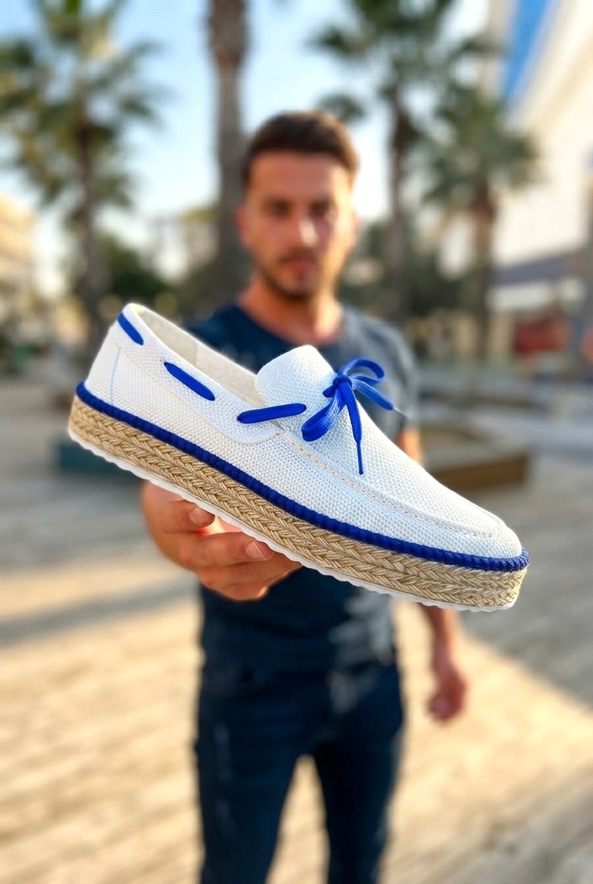 Zerenyus ZRC311 Premium Günlük Bağcıklı Keten Erkek Espadril Beyaz Kırmızı