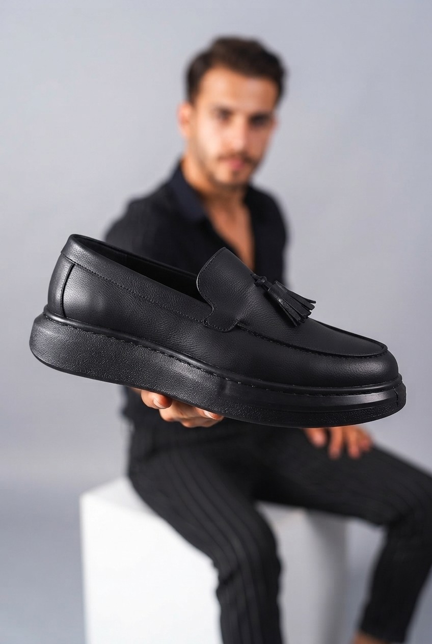 Zerenyus ZRJ154 Yüksek Kalite Bağcıksız Püsküllü Erkek Günlük Loafer - Siyah
