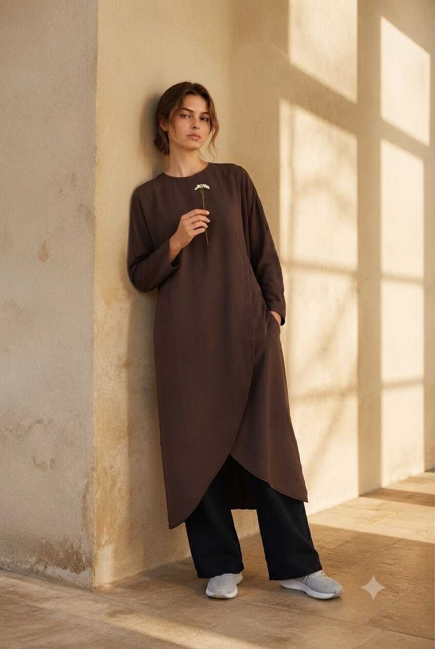 Neways 6394-DENIM Parça Boya Standart Tunik Kahve görsel 5
