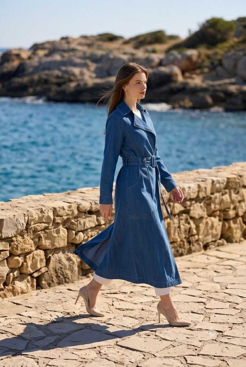 Neways 6669-DENIM Kemerli Trençkot Koyu Mavi
