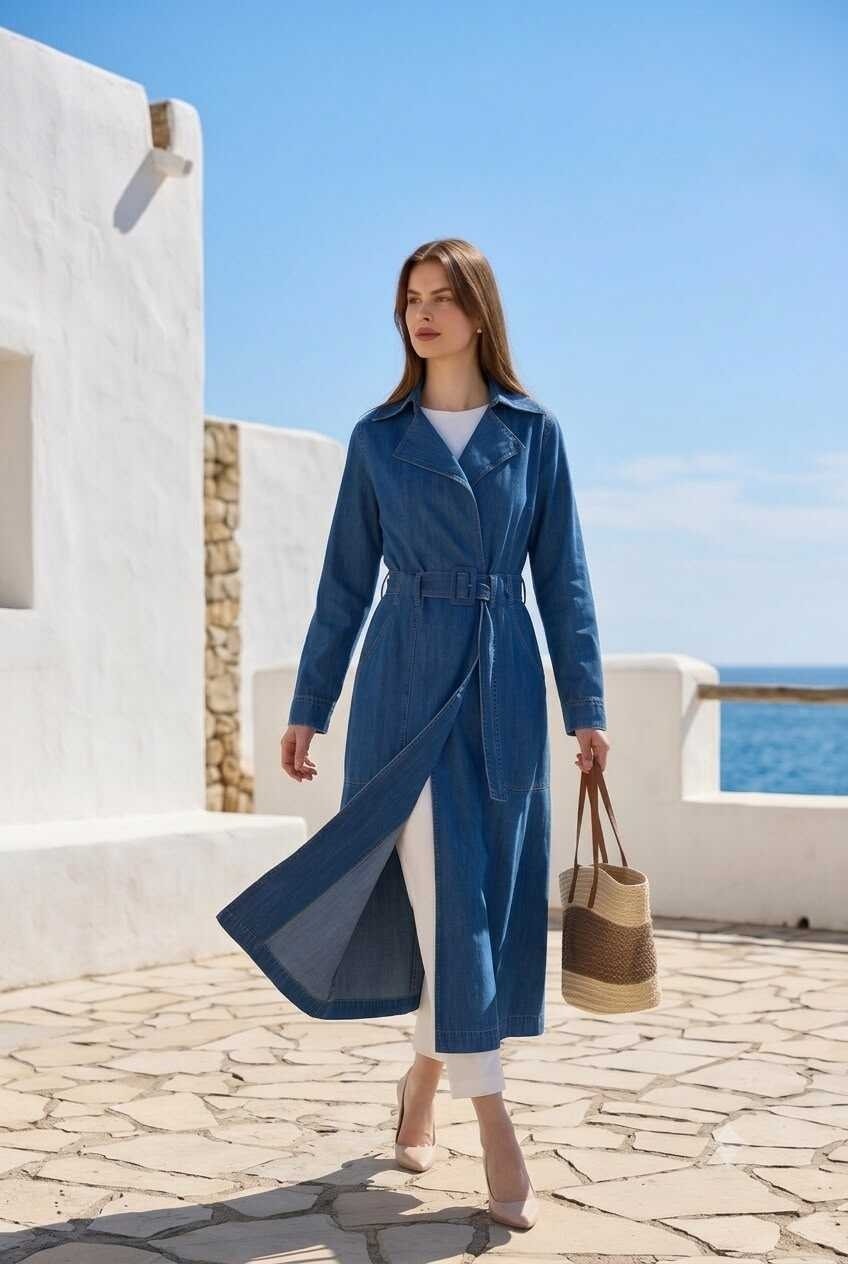 Neways 6669-DENIM Kemerli Trençkot Koyu Mavi görsel 2