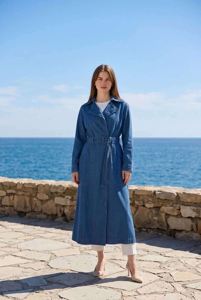 Neways 6669-DENIM Kemerli Trençkot Koyu Mavi görsel 3