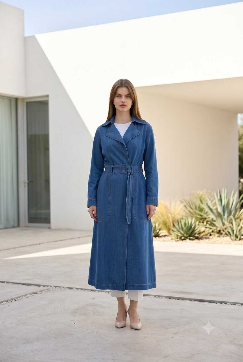 Neways 6669-DENIM Kemerli Trençkot Koyu Mavi görsel 4