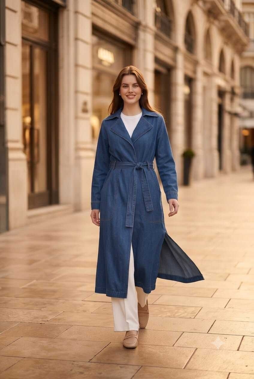 Neways 6669-DENIM Kemerli Trençkot Koyu Mavi görsel 5