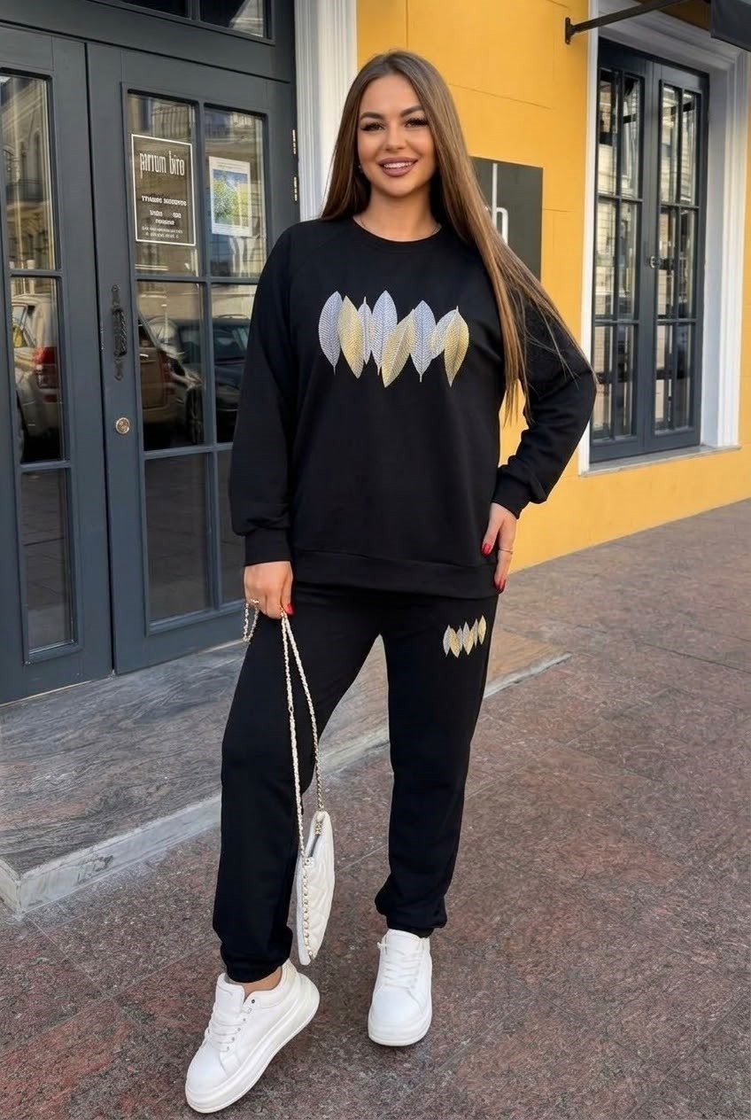 Koza Butik Kadın Büyük Beden Uzun Kollu Yaprak Desenli Eşofman Takımı 8301-27