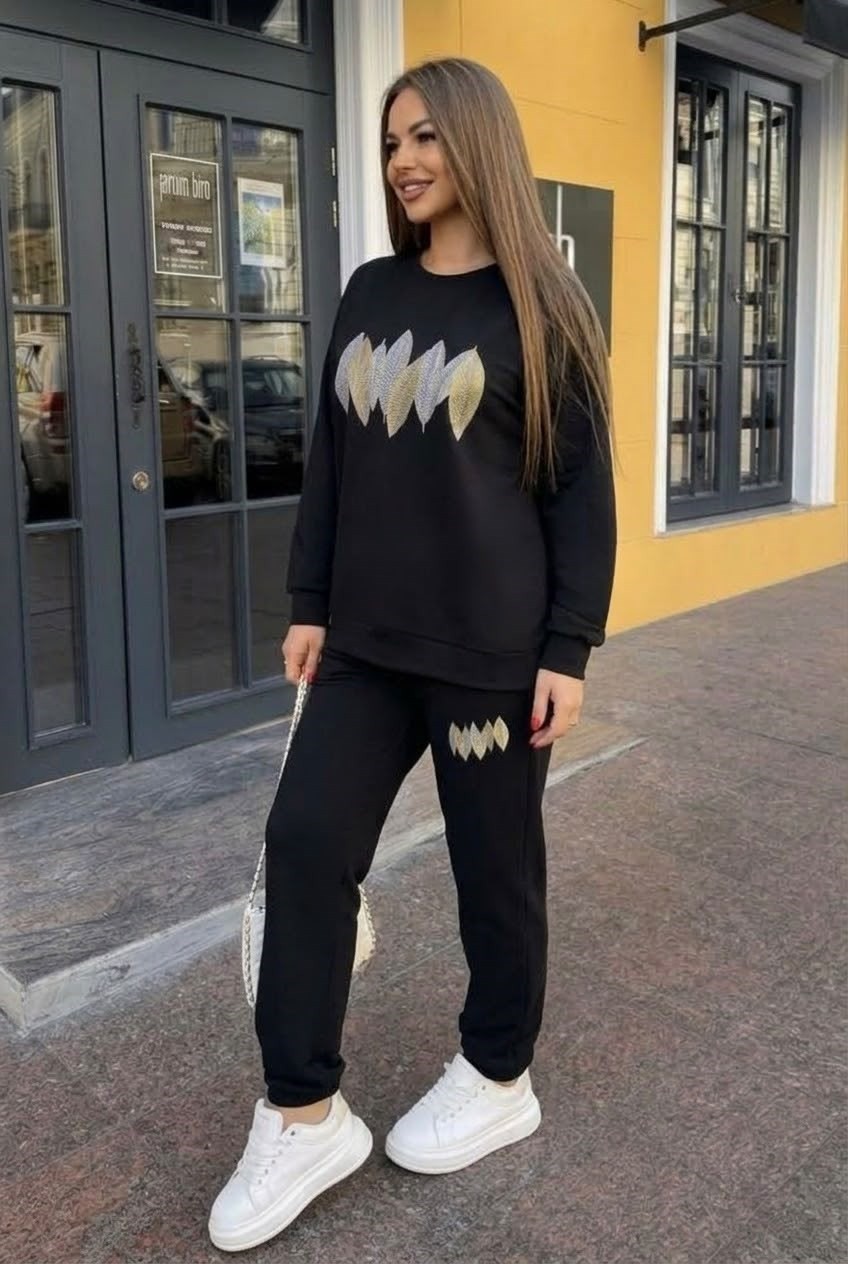 Koza Butik Kadın Büyük Beden Uzun Kollu Yaprak Desenli Eşofman Takımı 8301-27 görsel 3