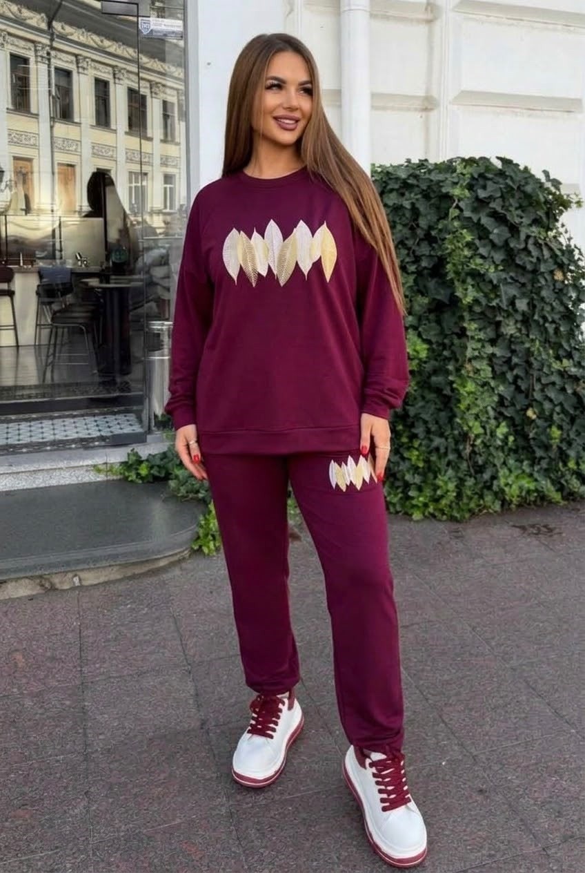 Koza Butik Kadın Büyük Beden Uzun Kollu Yaprak Desenli Eşofman Takımı 8301-27