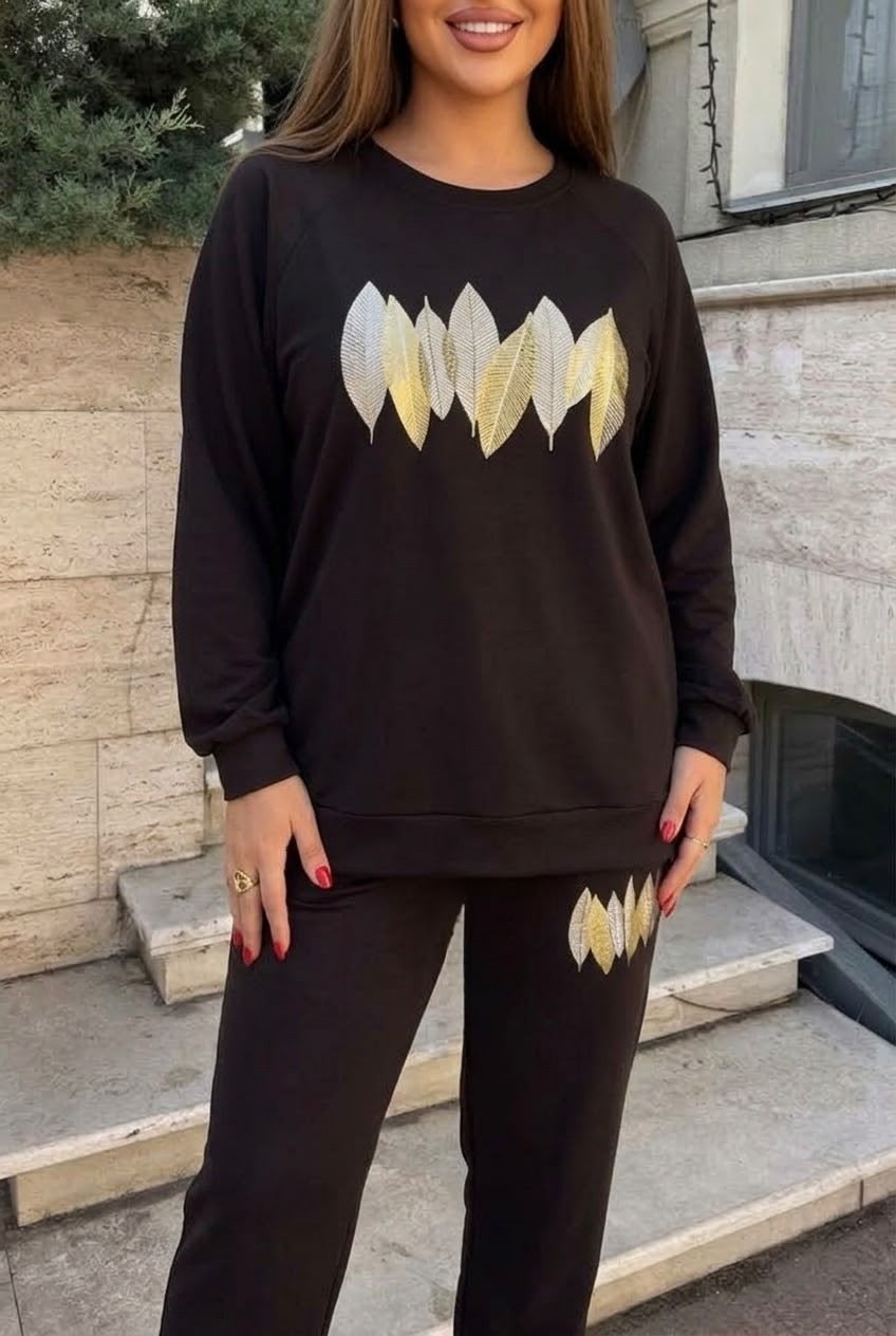 Koza Butik Kadın Büyük Beden Uzun Kollu Yaprak Desenli Eşofman Takımı 8301-27 görsel 6