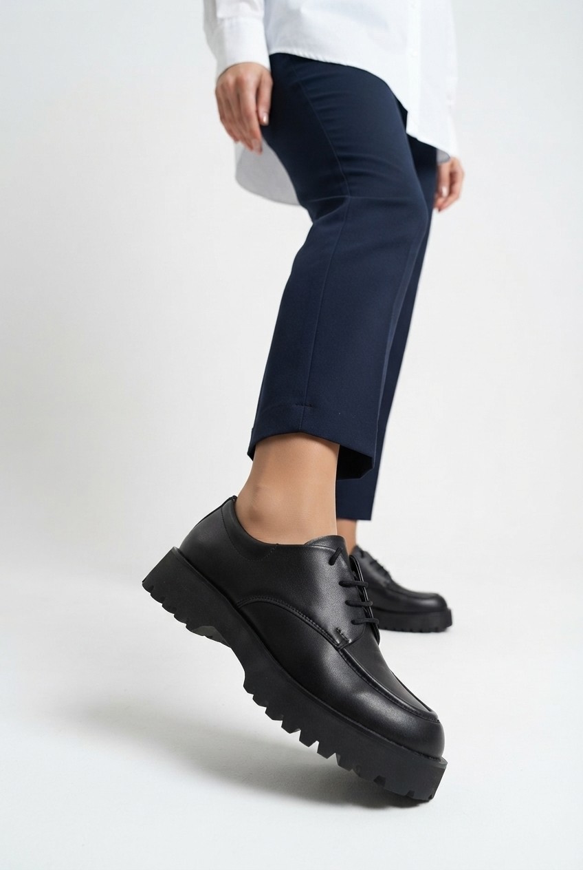 Zerenyus Zrk-Xkx6 Premium Kalın Taban Siyah Bağcıklı Günlük Unisex Oxford Ayakkabı
