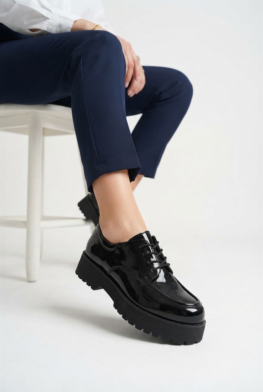 Zerenyus ZRK-XKX6 Premium Kalın Taban Siyah Rugan Bağcıklı Günlük Unisex Oxford Ayakkabı