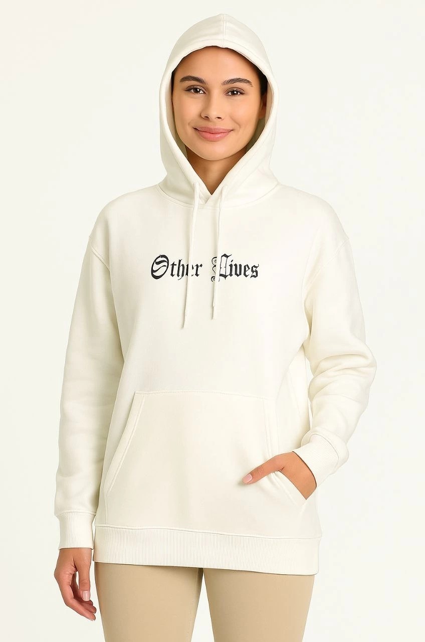Tarz Yeri Kadın Kapüşonlu Kanguru Cepli Sweatshirt 3 Iplik Pamuklu Baskılı Hoodie - Beyaz görsel 5