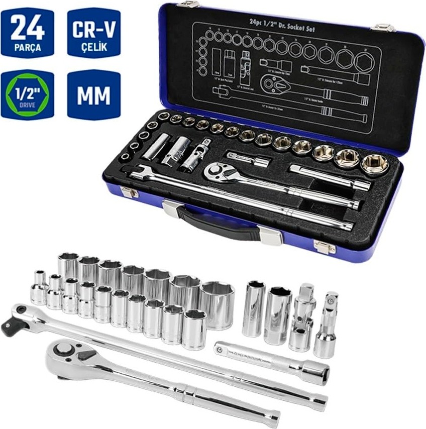 Aesco Workpro WP202564 1/2'’ Cr-V 24 Parça Metrik Ağır Hizmet Lokma Takımı