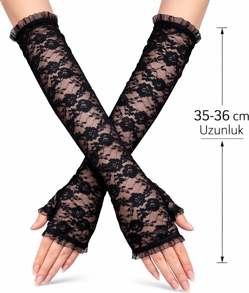 Aslanoğlu Store Uzun Zarif Dantel Eldiven Parmaksız Siyah 35 cm