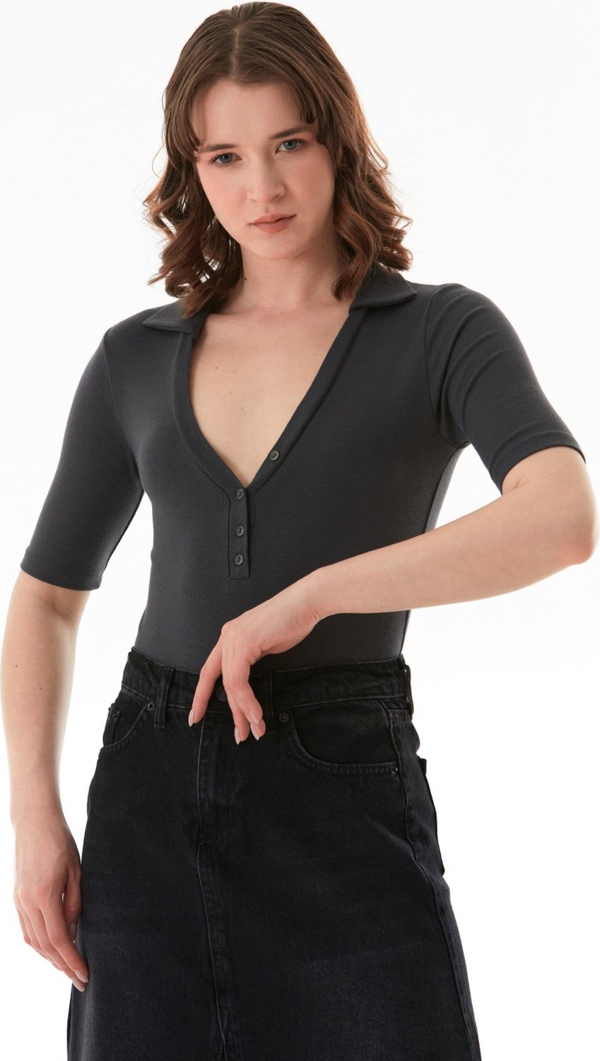 FullaModa Basic Polo Yaka Çıtçıtlı Likralı Modal Body
