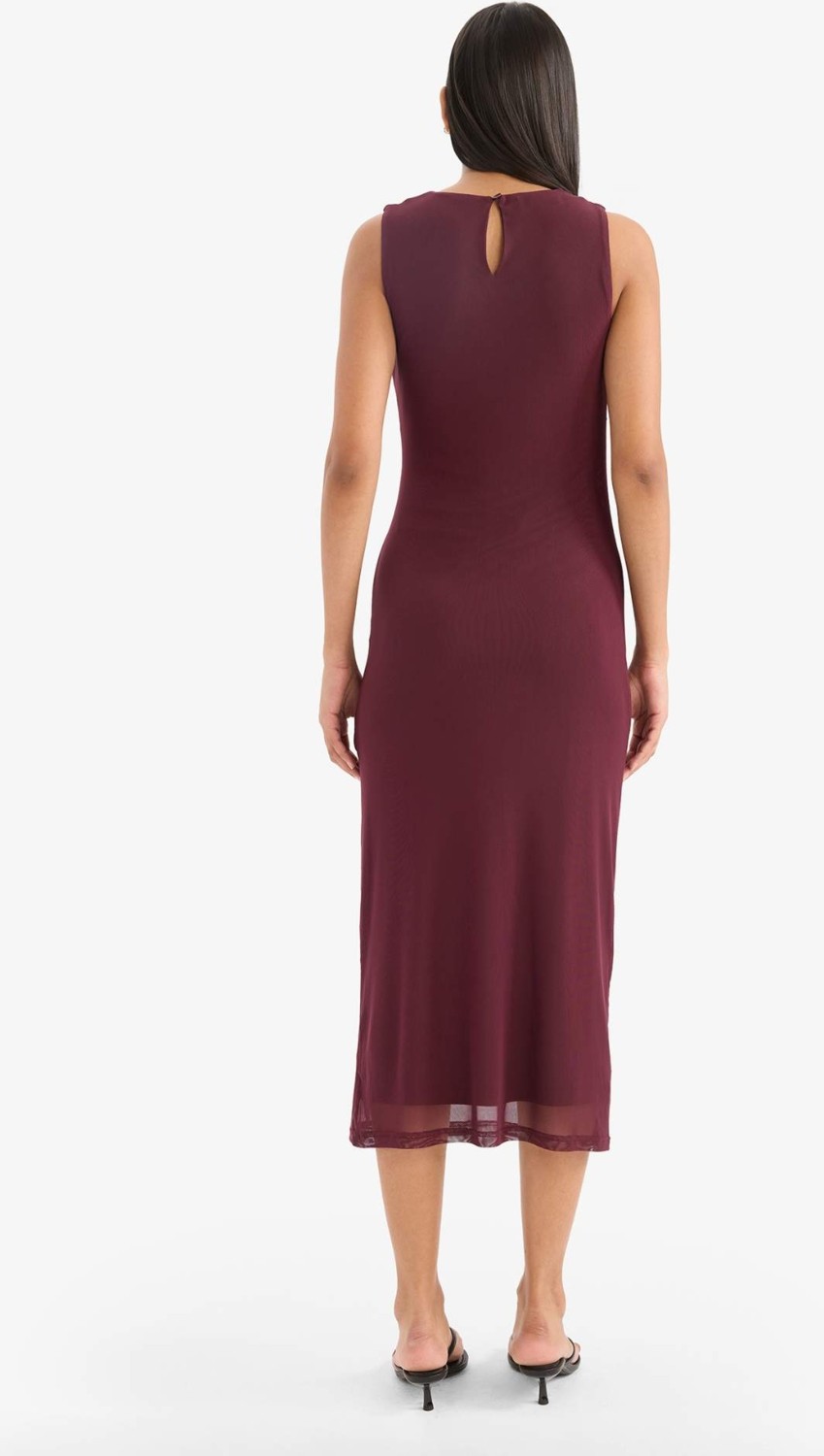 DeFacto Bodycon Vücudu Saran Yuvarlak Yaka Tül Kolsuz Midi Elbise D8036AX25AU görsel 7