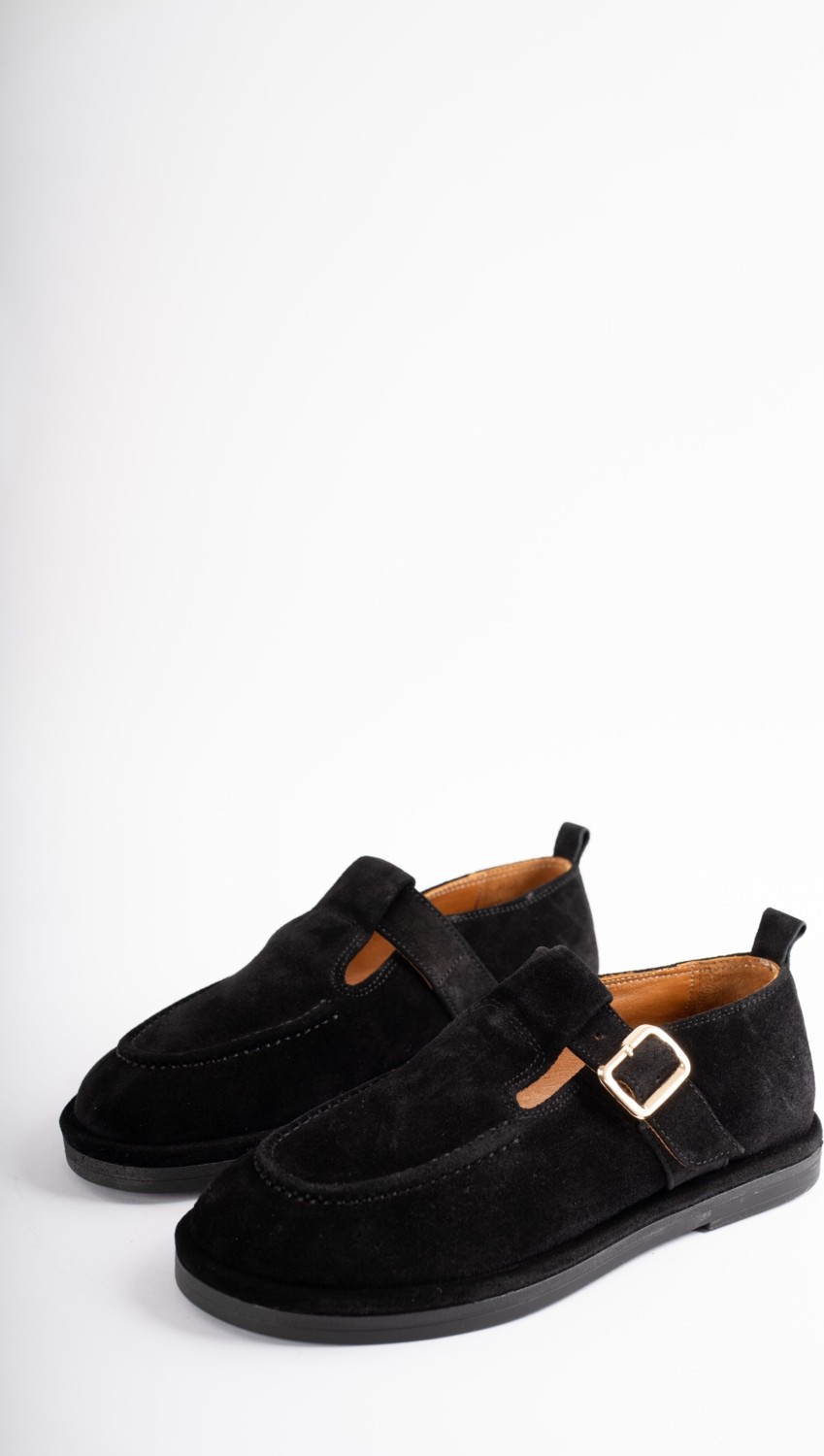 Selin Shoes Cassiel Hakiki Deri Gold Ayarlanabilir Toka Detaylı Kadın Loafer- Siyah Süet görsel 3