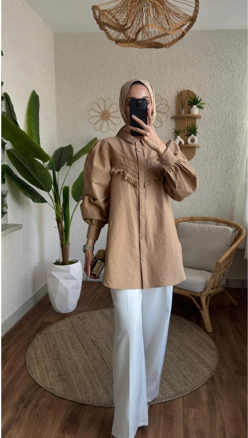 Miraydin Butik Kadın Balon Kol Dantel Detaylı Gömlek Tesettür - Camel
