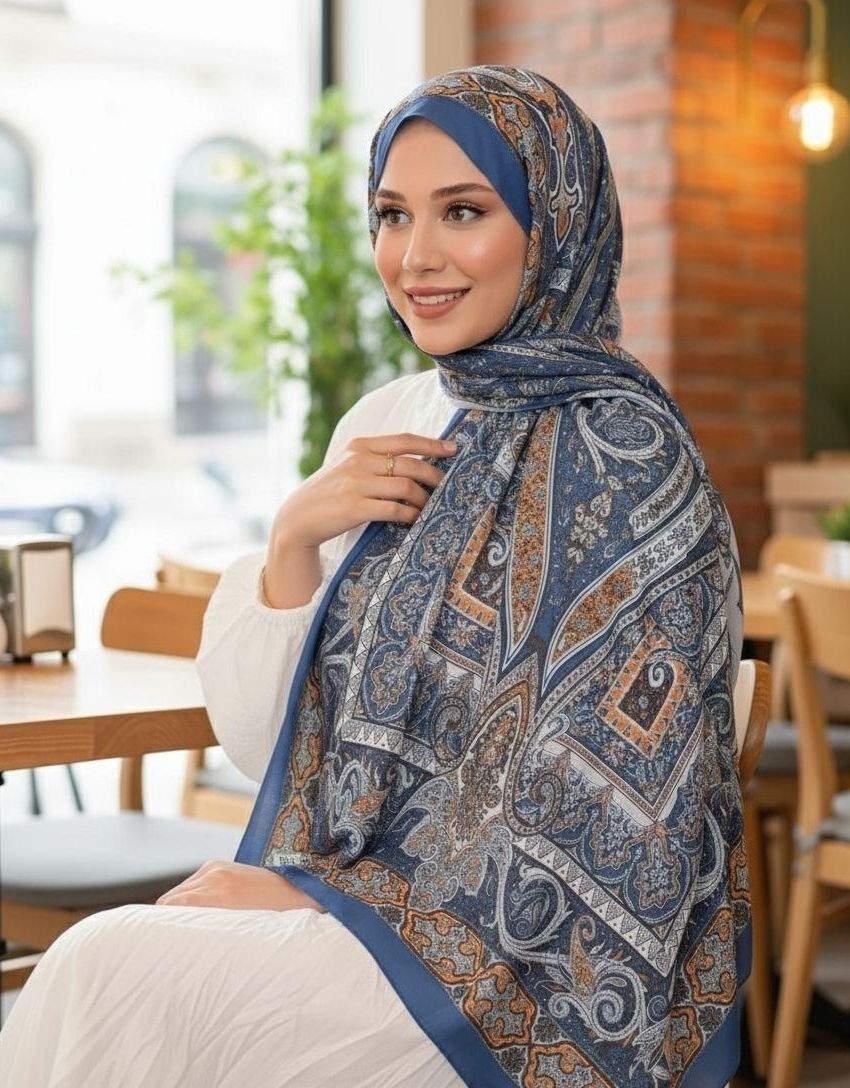 Revam Collection Etnik Desen Pamuk Şal Mavi
