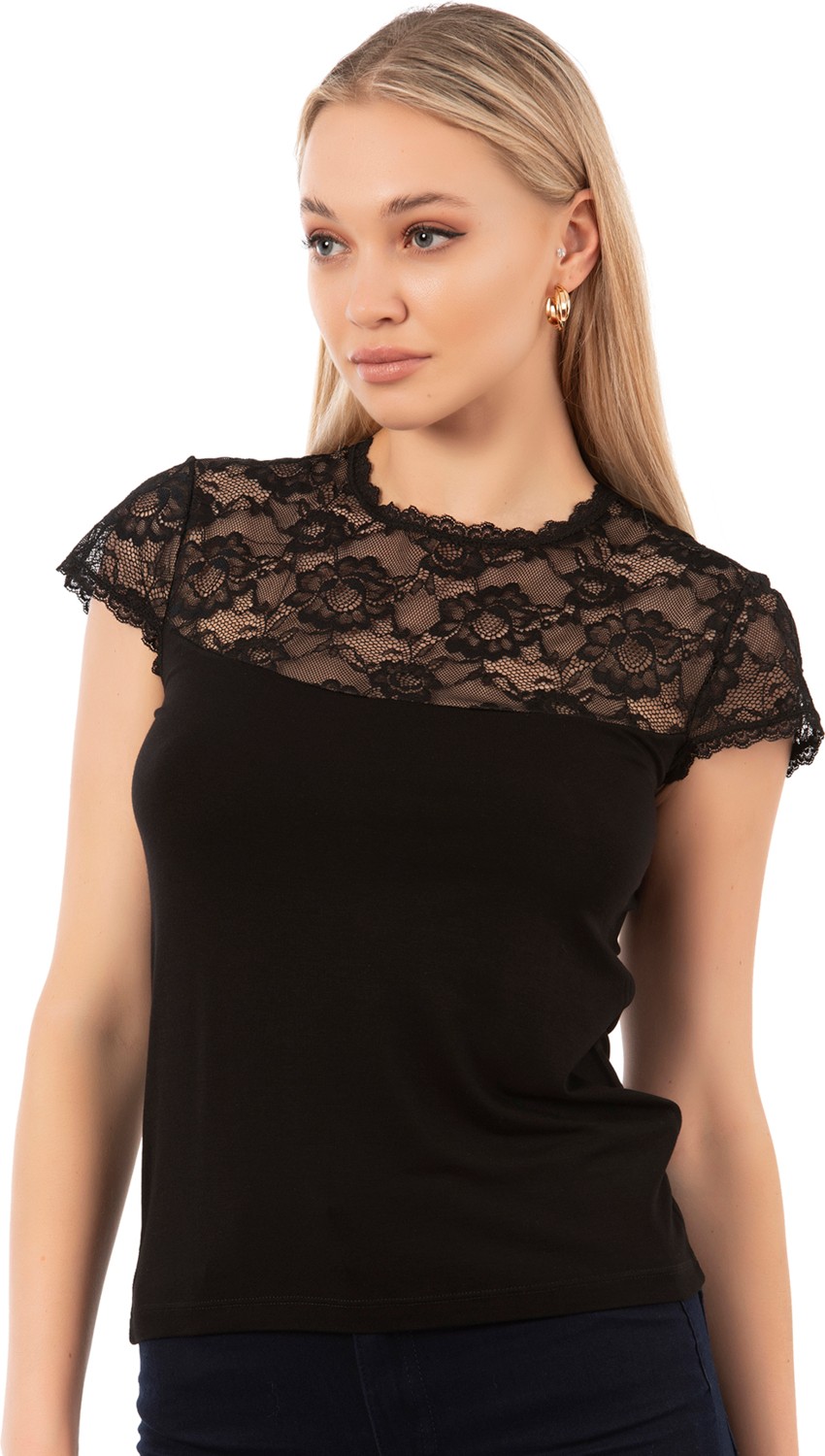 Özkan Underwear Özkan 7371 Kadın Premium Yumuşak Rahat Kumaş Viskon Dantel Detaylı Kısa Kollu Örme Bluz görsel 3