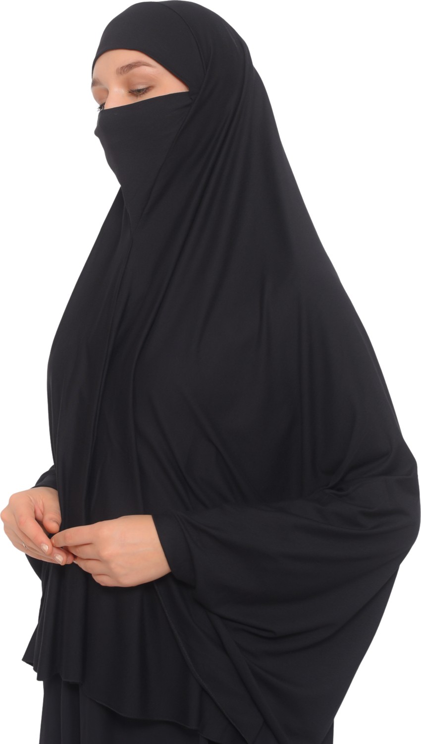 Altobeh Kollu Sufle Çarşaf Üstü Peçeli Pratik Tesettür Hijab - Nikaplı Namaz Örtüsü - Siyah görsel 4