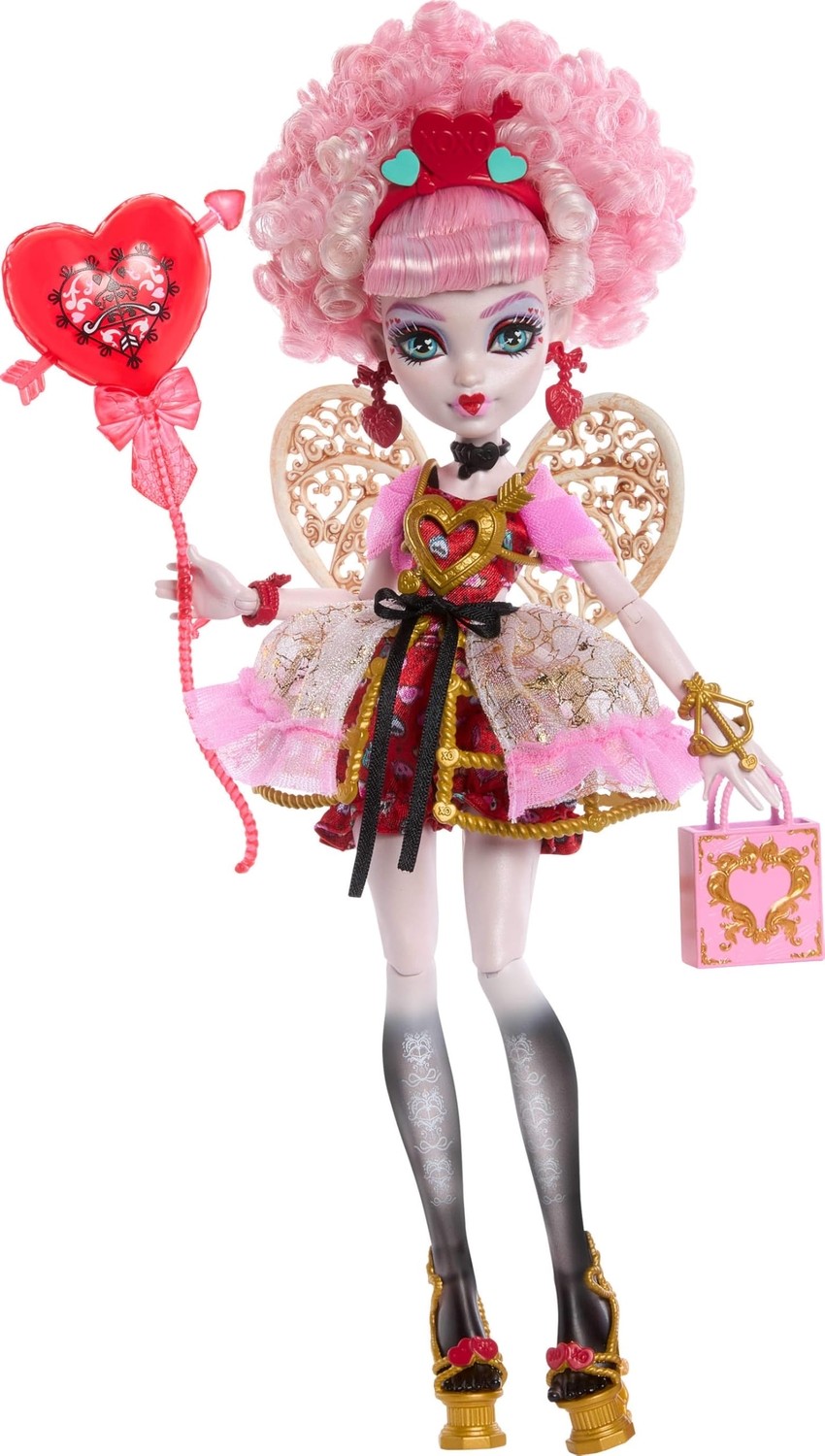 Aesco Monster High Pembe ve Kırmızı Parti Elbisesi Giyen Havalı Doğum Günü Cupid Asteria Bebek ve Davetiye, Balon, Hediye Gibi Temaya Uygun Aksesuarlar, JBG77